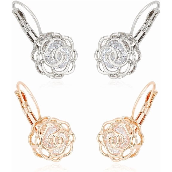 2 Pairs 2 Colors Rose Flower Leverback Dangle Drop Earrings