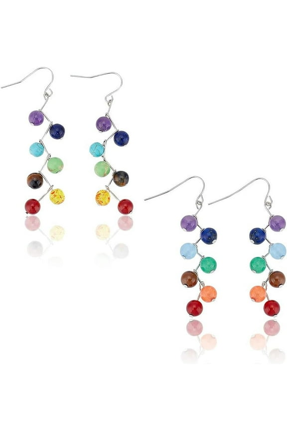 2 Pairs 2 Style 7 Chakra Earrings Long Dangle Stanless Steel Hook Eardrop Rainbow Chakra Ball Bead Earrings Healing Dyed Natural Wedding Jewellery Gifts for Women grey