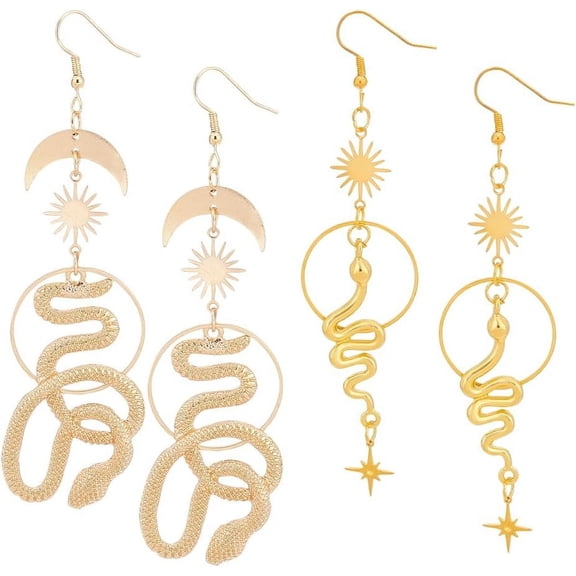 2 Pairs 2 Style Sun & Moon Planet Alloy Dangle Earrings Snake Long Drop Earrings for Women Golden 103~106mm Pin: 0.6~0.7mm