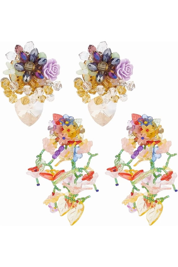 2 Pairs 2 Styles Acrylic Tassel Earrings for Women Resin Cluster Stud Earrings Colorful Leaf Flower Earring Exaggerated Bead Rainbow Floral Dangle Earring for Women Multi-color