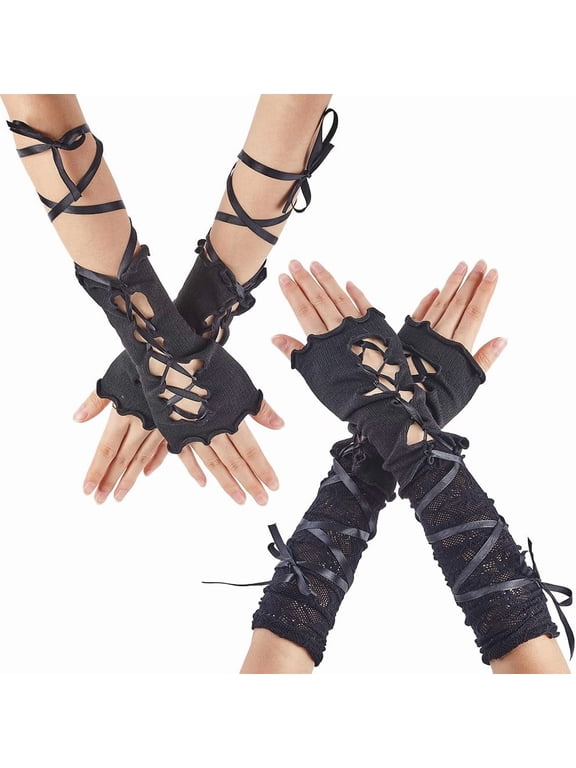 2 Pairs 2 Styles Black Fingerless Lace Long Gloves Women Adjustable Punk Lolita Short Glove Vintage Ripped Fa Gold