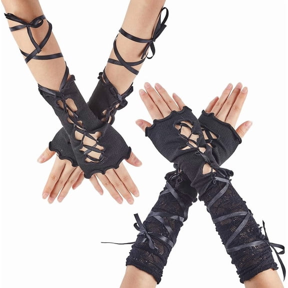 2 Pairs 2 Styles Black Fingerless Lace Long Gloves Women Adjustable Punk Lolita Short Glove Vintage Ripped Fa Making DIY