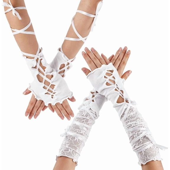 2 Pairs 2 Styles Black Fingerless Lace Long Gloves Women Adjustable Punk Lolita Short Glove Vintage Ripped Fa for DIY White