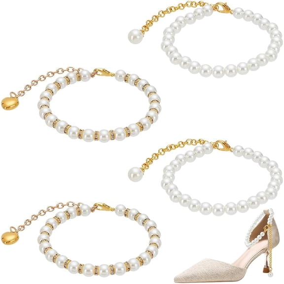 2 Pairs 2 Styles Pearl Shoe Straps 8.6 inch Plastic Imitation Pearl Shoe Laces Beaded Anklet Decorative Straps Detachable Shoelace for Women High Heels Holding Loose Shoes Golden