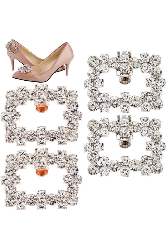 2 Pairs 2 Styles Rhinestone Shoe Clips Alloy Shoes Buckle Rectangle Shoe Decorative Clips Removable Shoe Decorations for Wedding Party High Heels
