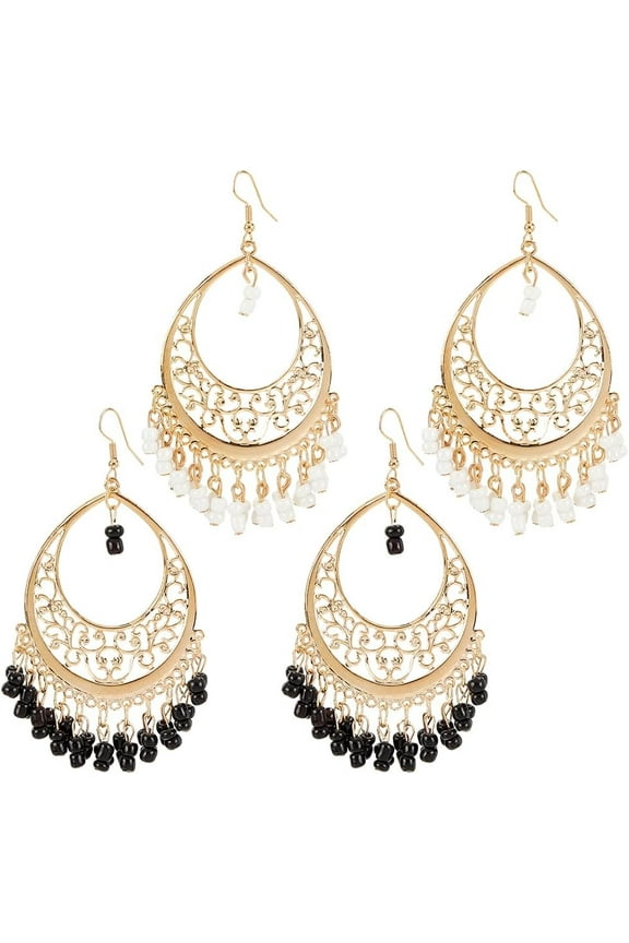 2 Pairs 2 colors Glass Seed Beaded Teardrop Chandelier Earrings Golden Alloy Jewelry for Women Black and White 90mm Pin: 0.7mm 1 Pair/color