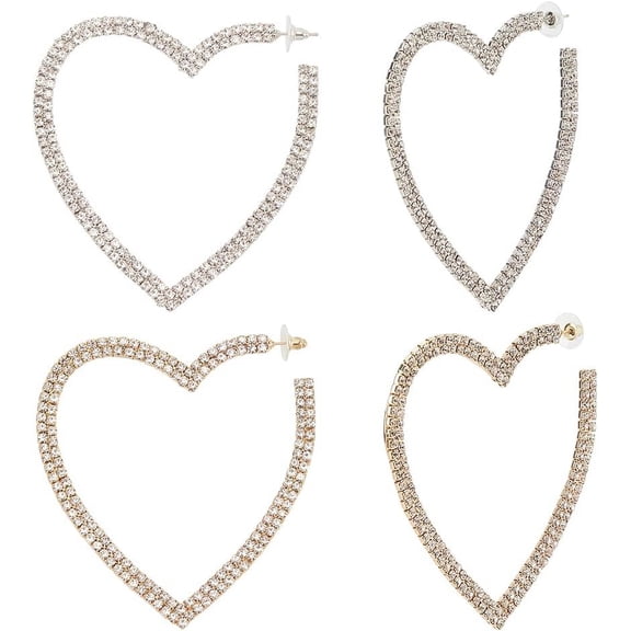 2 Pairs 2 colors Rhinestone Hollow Out Heart Stud Earrings with 925 Sterling Silver Pins Alloy Half Hoop Earrings for Women Platinum & Golden 79x77.5x4mm Pin: 0.8mm 1 Pair/color