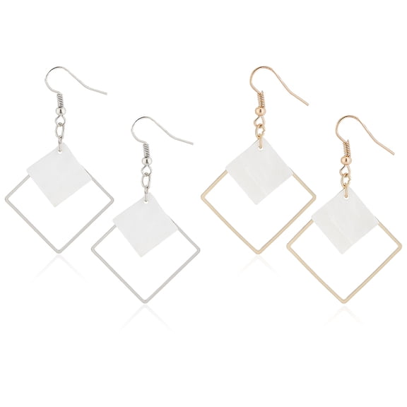 2 Pairs 2 colors White Acrylic Rhombus Dangle Earrings Alloy Long Drop Earrings for Women Platinum & Light golden 56mm Pin: 0.6mm 1 Pair/color
