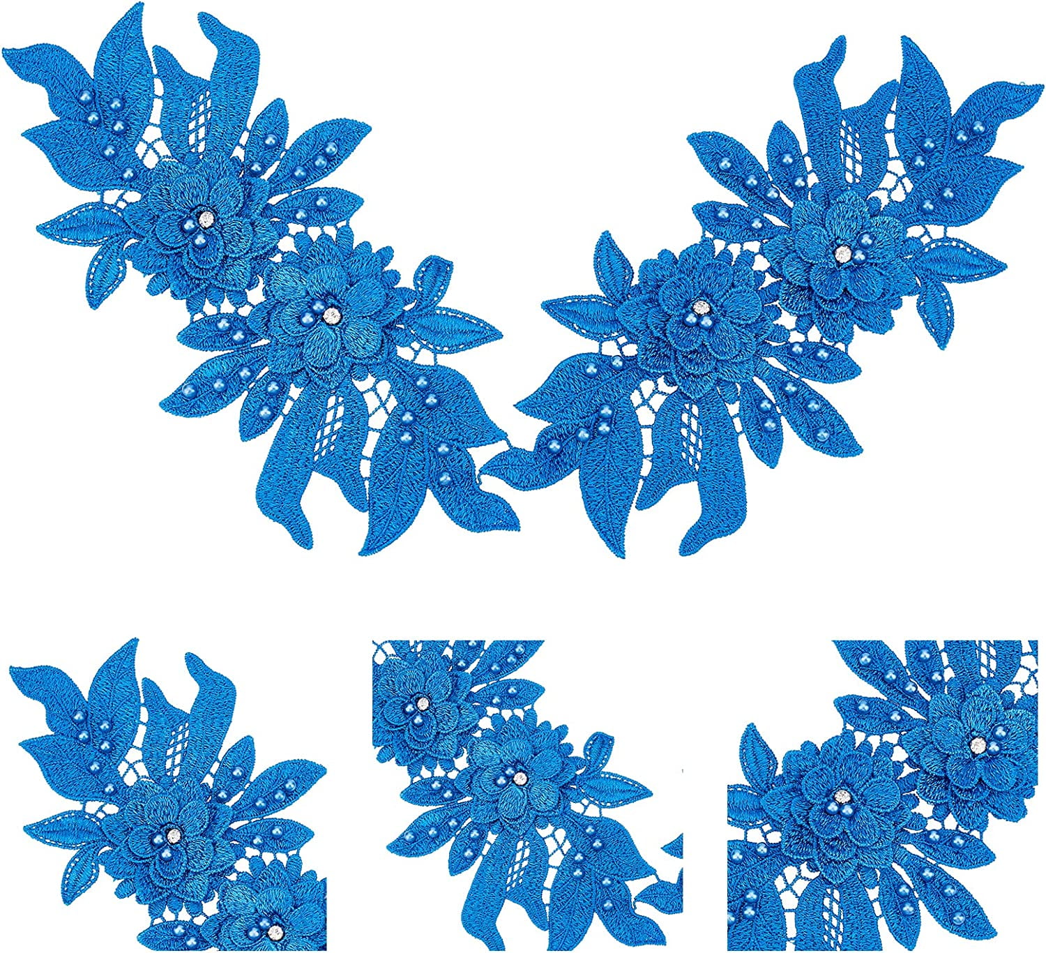 1 Pair Lace Flower Applique, Bead Pearl Patches Embroidery Floral Beaded  Sequins Motif Rhinestones Trim Fabric Sew On Appliques For Sewing Wedding  Bri