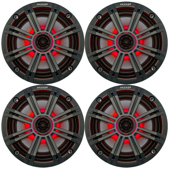2 Pairs (4 Speakers Total) of Kicker 6.5" OEM Replacement 195W Marine Coaxial 2-Way Speakers (Charcoal Grilles) with MultiColor LED Lighting Capability