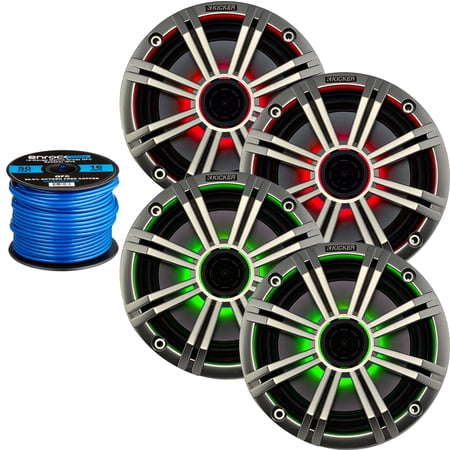 2 Pairs (4 Speakers Total) of Kicker 6.5" OEM Replacement 195W Marine Coaxial 2-Way Speakers (Silver Grilles) w/ MultiColor LED Lighting Capability, Enrock 16-Gauge Speaker Wire