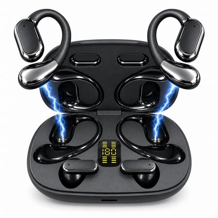 2 Pairs 4-in-1 Open Ear OWS True Wireless Earbuds, Bluetooth 5.4 Earhook Headphones with ENC Noise Cancellation, HiFi Stereo, LED Display Charging Case, Long Battery Life for Sports Commute, Black