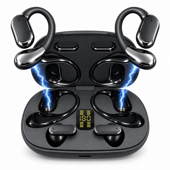 2 Pairs 4-in-1 Open Ear OWS True Wireless Earbuds, Bluetooth 5.4 Earhook Headphones with ENC Noise Cancellation, HiFi Stereo, LED Display Charging Case, Long Battery Life for Sports Commute, Black