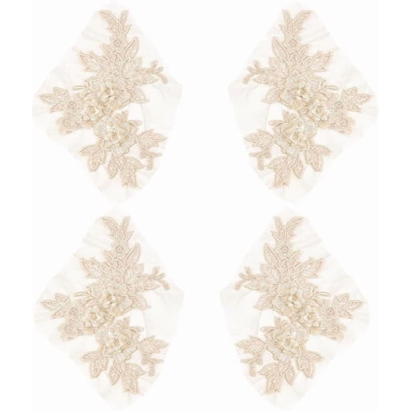 2 Pairs 4Pcs Beige 3D Floral Lace Applique Vintage Embroidery Flower Patches Sew On Polyester Solid Embroidered Appliques