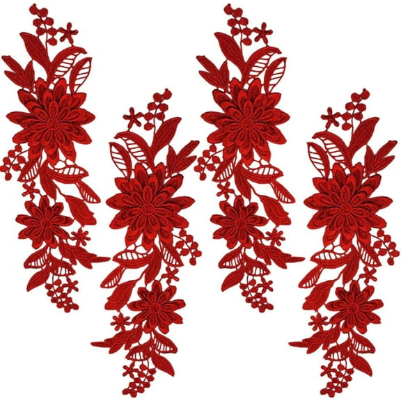 2 Pairs 4Pcs Red Embroidery 3D Flower Applique Vintage Embroidered Lace Appliques Sew On Soild Floral Polyester Patches for Sewing Making Dresses Clothes Wedding Decoration DIY Bags Craft 2pairs Red
