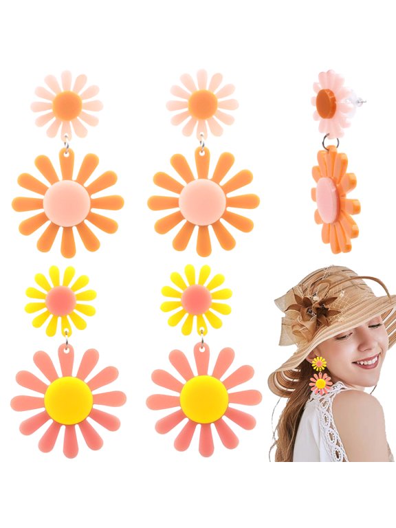 2 Pairs 60s 70s Vintage Daisyflower Earrings Colorful Disco Hippie Spring Earring Studs Acrylic Boho Style Petal Layered Daisy Dangle Drop Earrings Jewelry Gifts for Ladies Mom