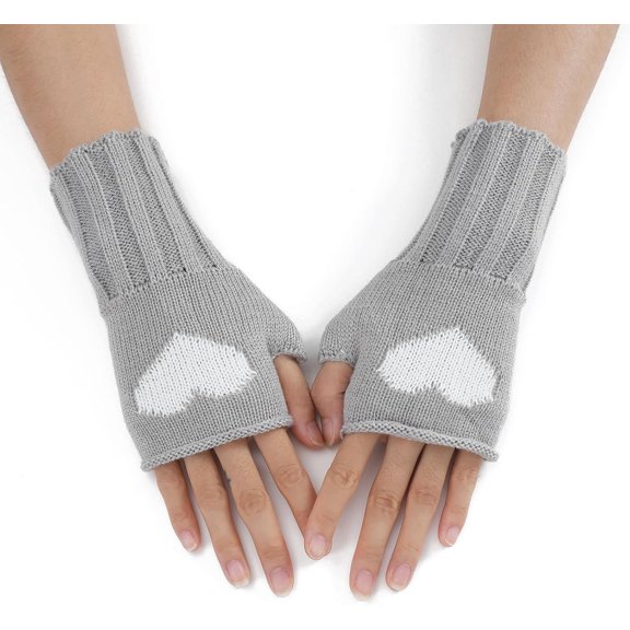 2 Pairs Acrylic Fiber Yarn Knitting Fingerless Gloves Two Tone Heart Pattern Winter Warm Gloves with Thumb Hole Dark Gray 200x85mm