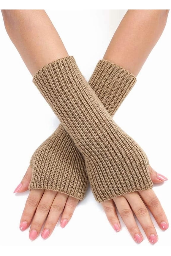 2 Pairs Acrylic Fibers Knitting Long Fingerless Gloves Arm Warmer Winter Warm Gloves with Thumb Hole Tan 200x70mm DIY Tan