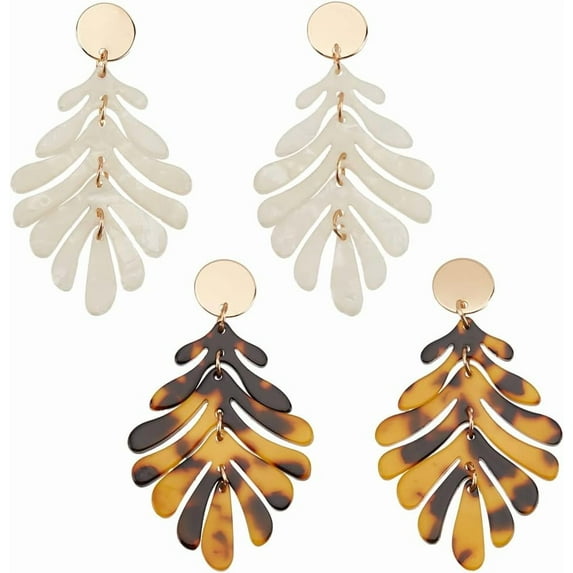 2 Pairs Acrylic Leaf Earrings Natural Palm Leaf Resin Earrings Boho Statement Dangle Earrings Costume Jewelry for Party Cocktail Lightweight Casual Trendy Resin Leaf Earrings