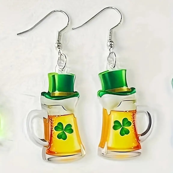 2 Pairs Acrylic St Patrick Beer Glass Drop Earrings for Women – Lightweight Dangle Fashion Jewelry Gifts