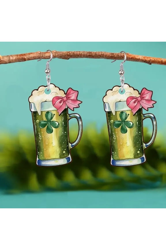 2 Pairs Acrylic St Patrick Beer Glass Drop Earrings for Women – Lightweight Dangle Fashion Jewelry Gifts