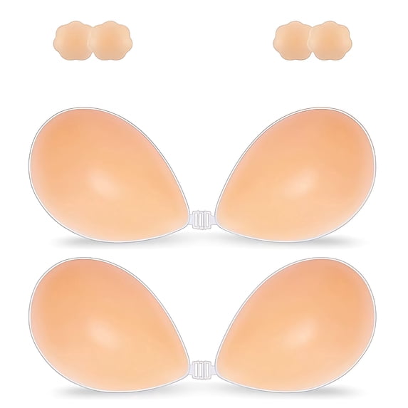 2 Pairs Adhesive Sticky Bra Push Up, Silicone Strapless Bras for Women with Reusable Nipple Covers for Backless Dresses, C