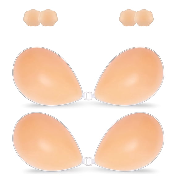 2 Pairs Adhesive Sticky Bra Push Up, Silicone Strapless Bras for Women with Reusable Nipple Covers for Backless Dresses, C