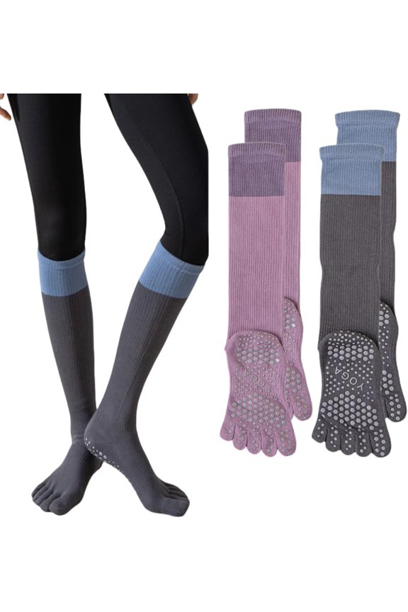 2 Pairs Anti-Slip Toe Socks No Show for Women, Warm Athletic Socks for Yoga, Fitness, Mid-Calf Compression Socks