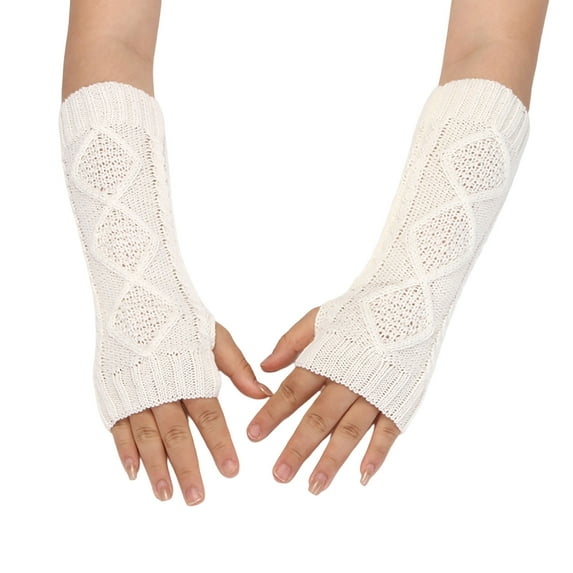 2 Pairs Arm Gloves Solid Color Thumb Hole Elbow Length Arm Sleeves Knitted Keep Warm Stretchy Half Finger Gloves Winter Arm Warmer Women Accessories,White