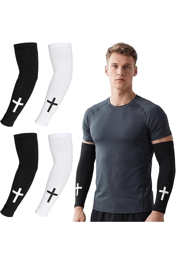 2 Pairs Arm Sleeves for Adult Men Women, Cross Print Oversleeve, Polyester Compression Cooling Arm Sleeves Football Running Cycling Basketball Baseball Outdoor Activities (Black, White)