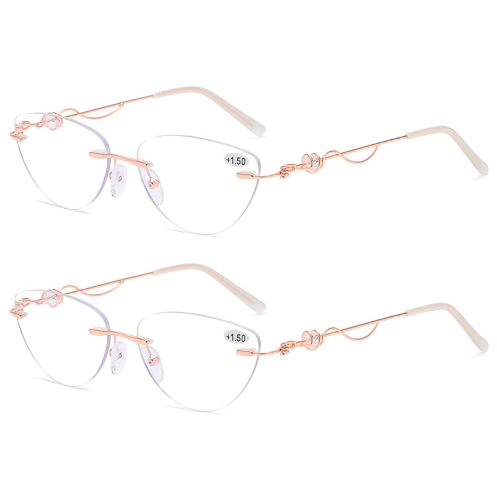 2 Pairs of BIFOCAL Cat Eye Frameless Diamond Blue Light Blocking Reading Glasses 1.00 for Women Rimless Gold Presbyopic Glasses Metal Lightweight Readers +1.0