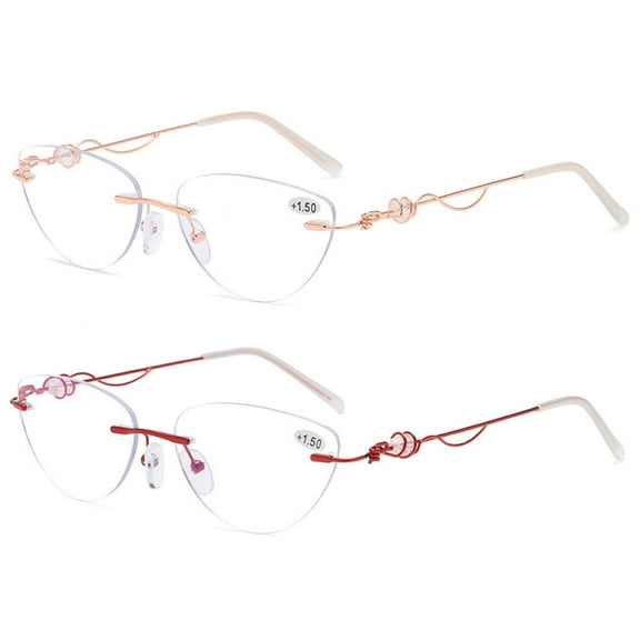2 Pairs of BIFOCAL Cat Eye Frameless Diamond Blue Light Blocking Reading Glasses 2.50 for Women Rimless Presbyopic Glasses Metal Lightweight Readers +2.5