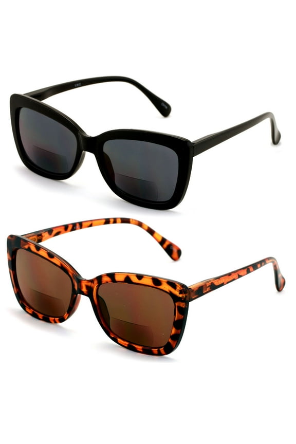 2 Pairs BIFOCAL Women Big Lens Butterfly Reading SunGlasses - Fun Cateye Outdoor Readers - Black Tortoise Tinted Bifocals