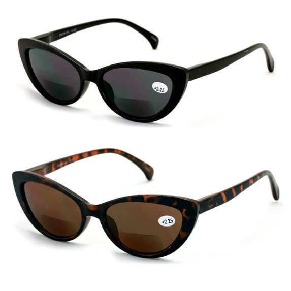 2 Pairs BIFOCAL Women Outdoor Reading Sunglasses - Vintage Readers Cateye Tortoise Black 1.75