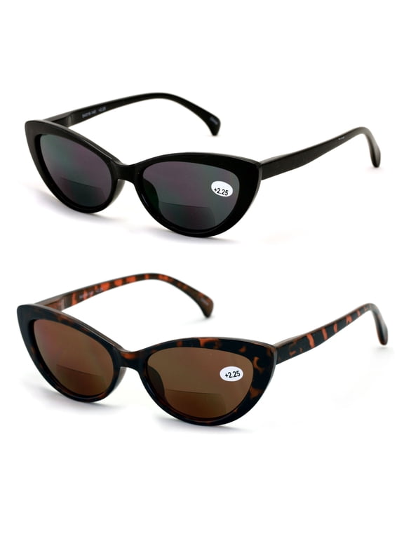 2 Pairs BIFOCAL Women Outdoor Reading Sunglasses - Vintage Readers Cateye Tortoise Black +2.00