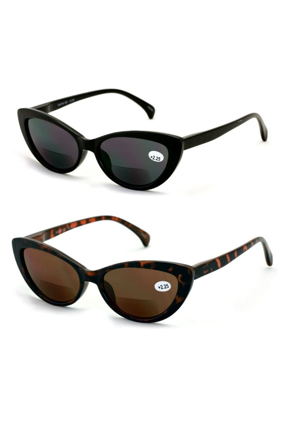 2 Pairs BIFOCAL Women Outdoor Reading Sunglasses - Vintage Readers Cateye Tortoise Black +2.50