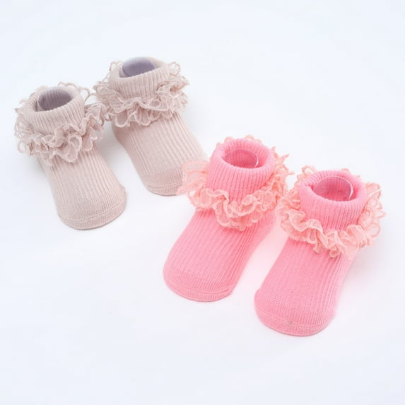 2 Pairs Baby Cotton Socks Lace Ruffle Frilly Socks Non Slip Girls Boys Ankle Socks for 0-3 Years Infant and Toddlers