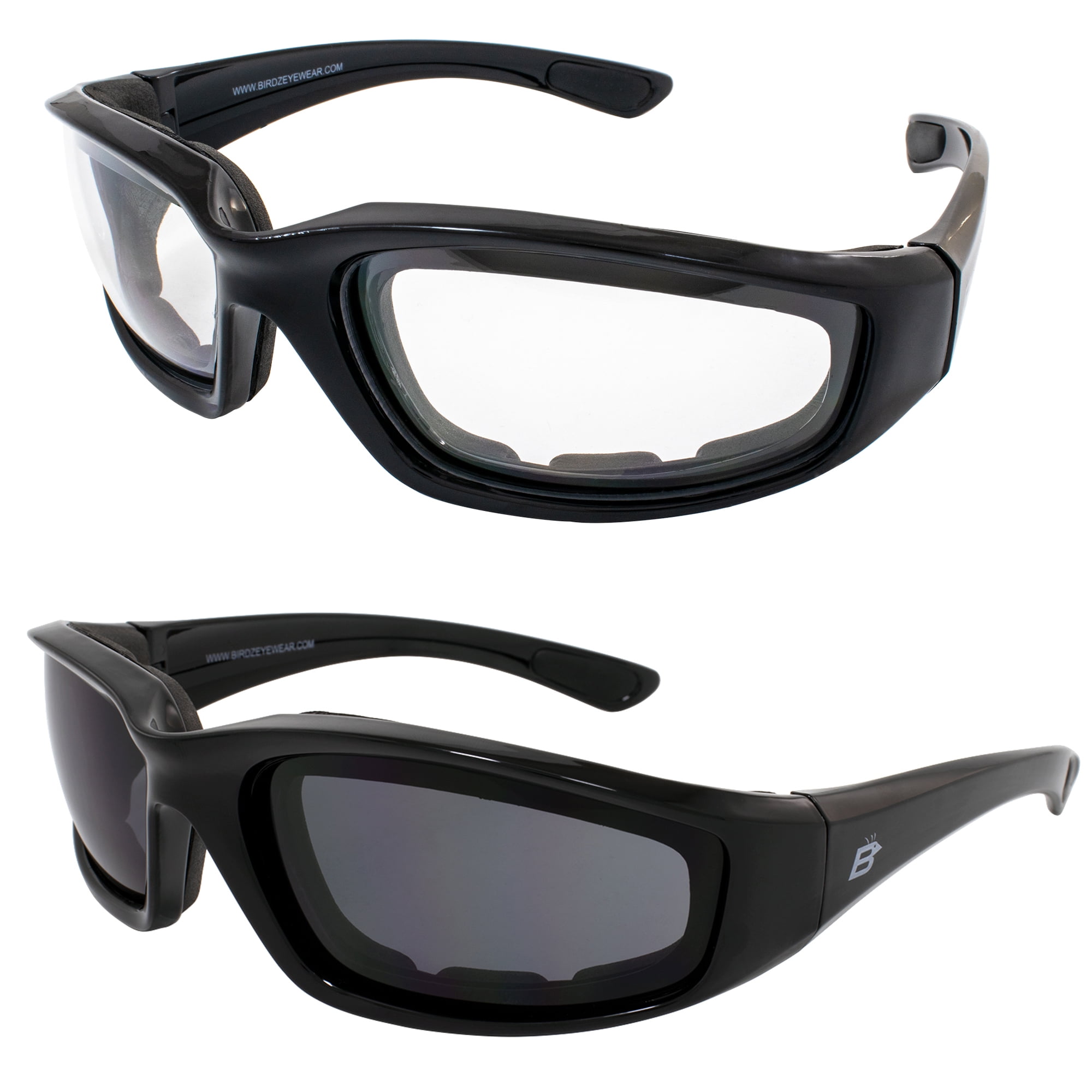 2 Pairs Motorcycle Goggle Sunglasses - Smoke & Clear Lenses, UV400, Matte Black Frame