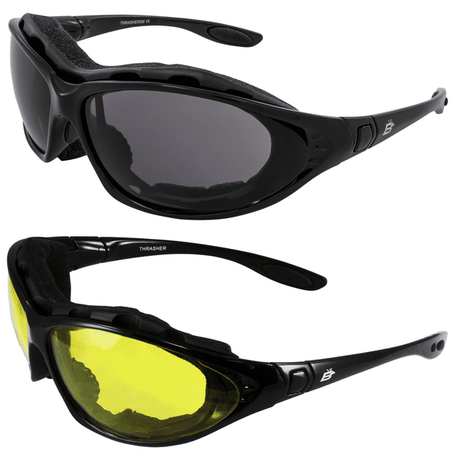 2 Pairs of Birdz Eyewear Thrasher Padded Motorcycle Glasses For Men & Women Convertible to Goggles Shatterproof Lenses A/F UV400 Scratch-Resistant Motorcycle Riding Glasses Black w/ Smoke, Yellow Lens