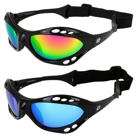 Birdz Eyewear Seahawk Padded Polarized Sunglasses 2 Pairs w/Strap Water Sports Surfing Kayaking Jetski Black w/Pink & Green Mirror Lenses