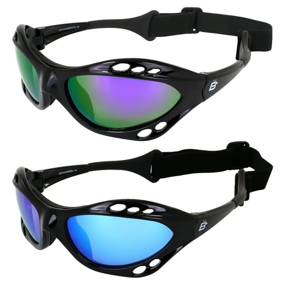 Birdz Eyewear Seahawk Padded Polarized Sunglasses 2 Pairs w/Strap Water Sports Surfing Kayaking Jetski Black w/Purple & Green Mirror Lenses