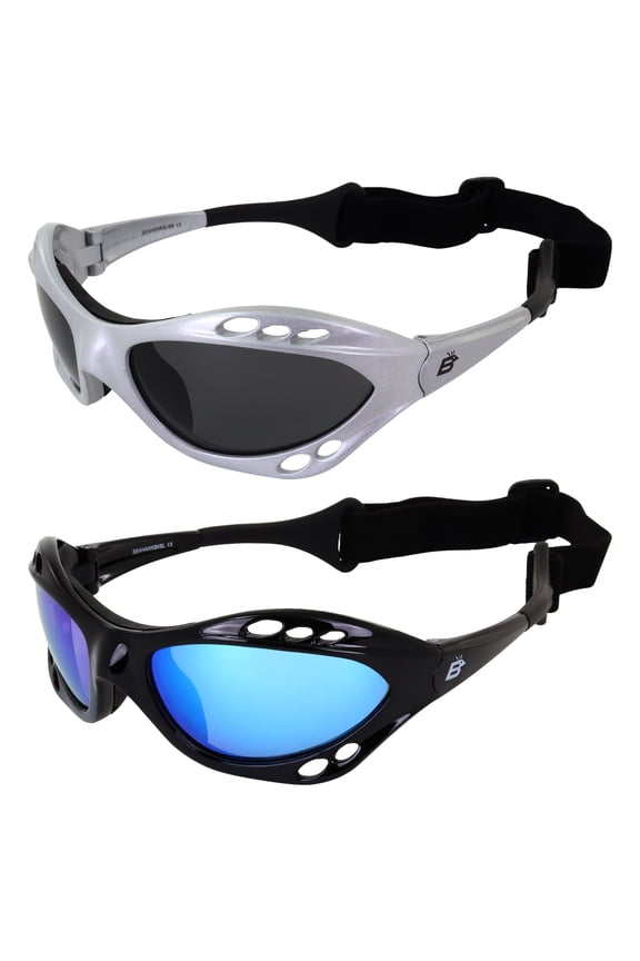 Eyewear Seahawk Padded Polarized Sunglasses 2 Pairs w/Strap Water Sports Surfing Kayaking Jetski Silver w/Smoke Lens Black w/Green Mirror Lens