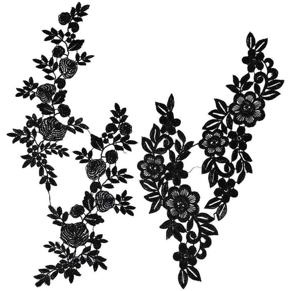 2 Pairs Black Flowers Patches Garment Applique Embroidery DIY Wedding Dress Sewing Clothing Accessories (Black A)