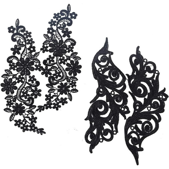 2 Pairs Black Flowers Patches Garment Applique Embroidery DIY Wedding Dress Sewing Clothing Accessories (Black C)