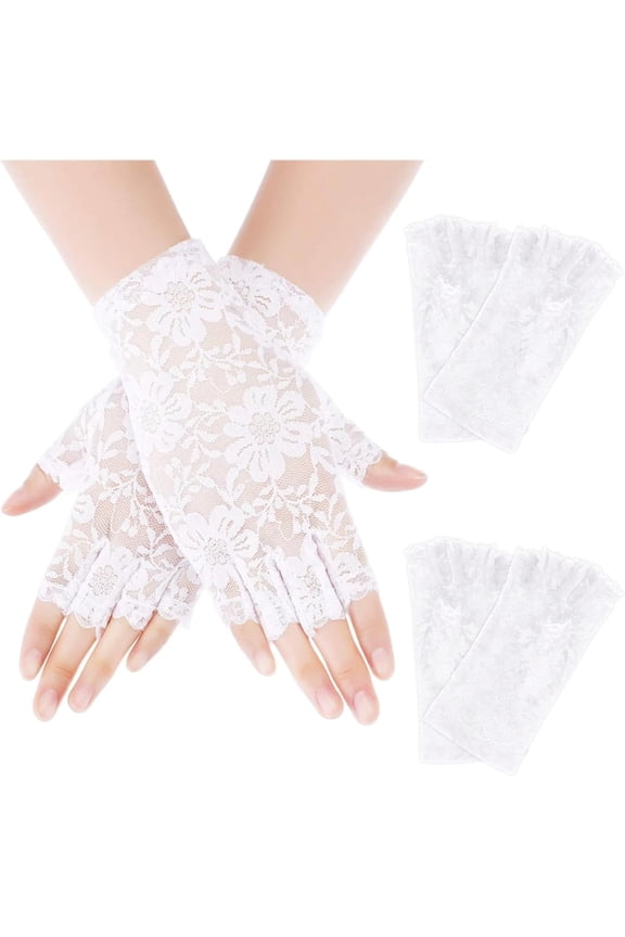 2 Pairs of Black Lace Fingerless Gloves for Women, Half Finger Black Halloween Fingerless Lace Gloves, Black Short Lace Gloves for Formal Opera House Wedding Dinner