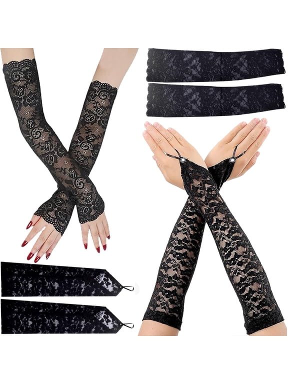 2 Pairs Black Lace Gloves for Women, Long Fingerless Evening Gloves Halloween Floral Elbow Length Arm Sleeves for Christmas Wedding Prom Party Gothic Costume Accessories