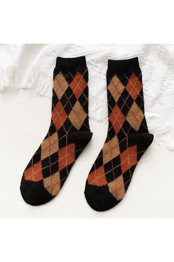 2 Pairs Black Rhombus Pattern Wool Knitting Crew Socks 10mm Winter Thermal for Men Women for DIY