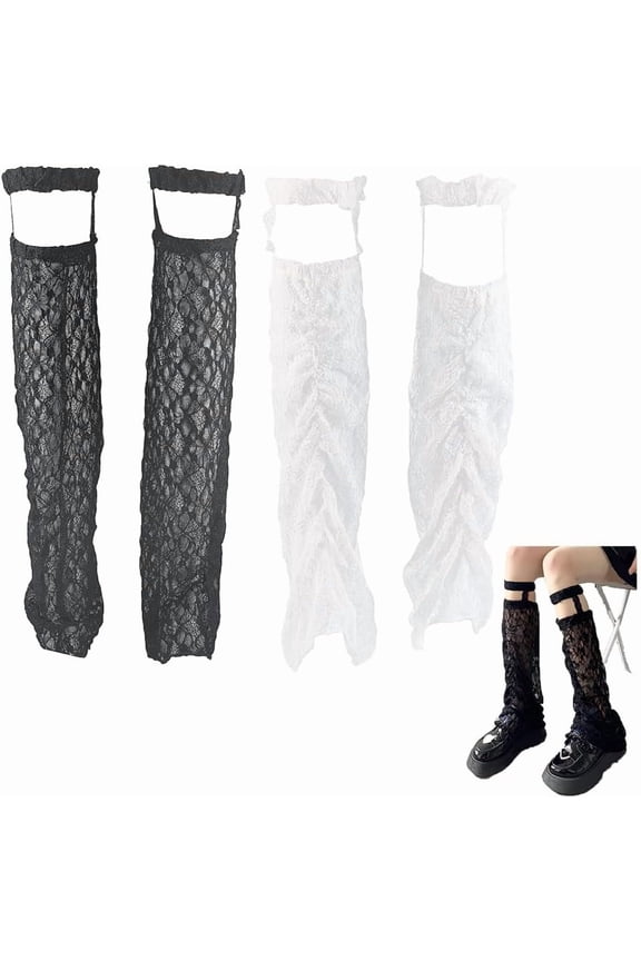 2 Pairs Black White Long Lace Mesh Sock Thin Hollow Out Knee High Leg Warmer Set with Strap Gartered Footless baggy Boots Cover Stockings Calf Socks for Women Ladies Summer Dress Fashion