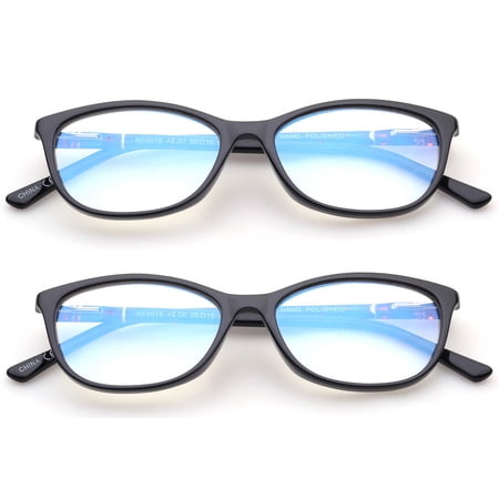 2 Pairs - Blue Ray Blocking Lens Light Weight Cateye Frame Acetate Spring Temple Computer Reading Glasses for Women, Reading Glasses +2.50 With Hard Case