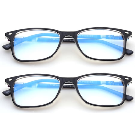 2 Pairs - Blue Ray Blocking Lens Light Weight Frame Acetate Spring Temple Computer Reading Glasses for Women for Men, Reading Glasses +2.00 With Hard Case